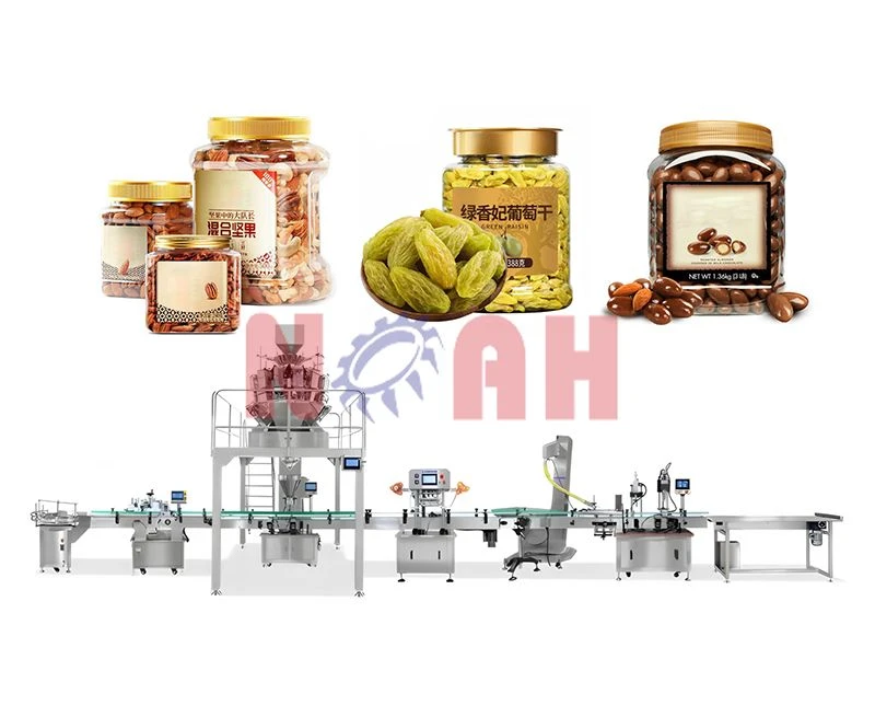 L&iacute;nea autom&aacute;tica de llenado de cecina de frutos secos con m&aacute;quina de sellado, taponado y etiquetado